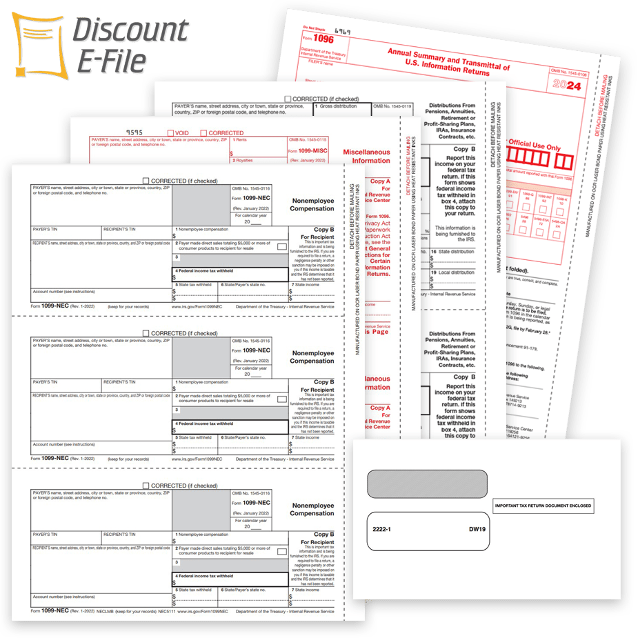 Order Official IRS 1099 Tax Forms, Envelopes and E-File for 2024 at Big Discounts, No Coupon Needed - DiscountTaxForms.com