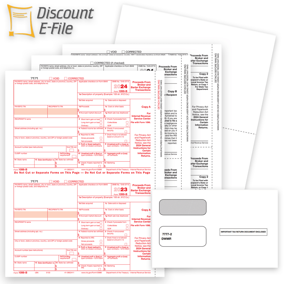 Order 1099B Tax Forms for Reporting Broker Transactions and More. 1099-B Forms, Envelopes and Online E-Filing at Big Discounts, No Coupon Code Needed - DiscountTaxForms.com