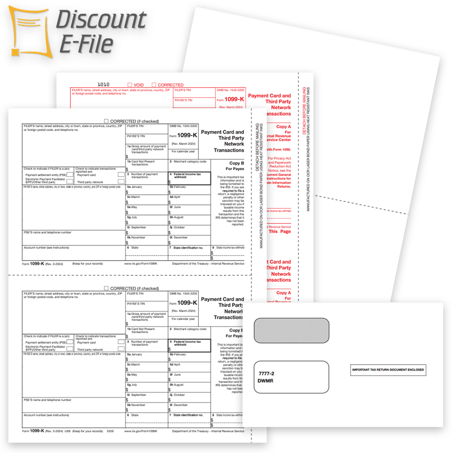 Order 1099K Tax Forms, Envelopes and Online E-Filing at Big Discounts, No Coupon Code Needed - DiscountTaxForms.com