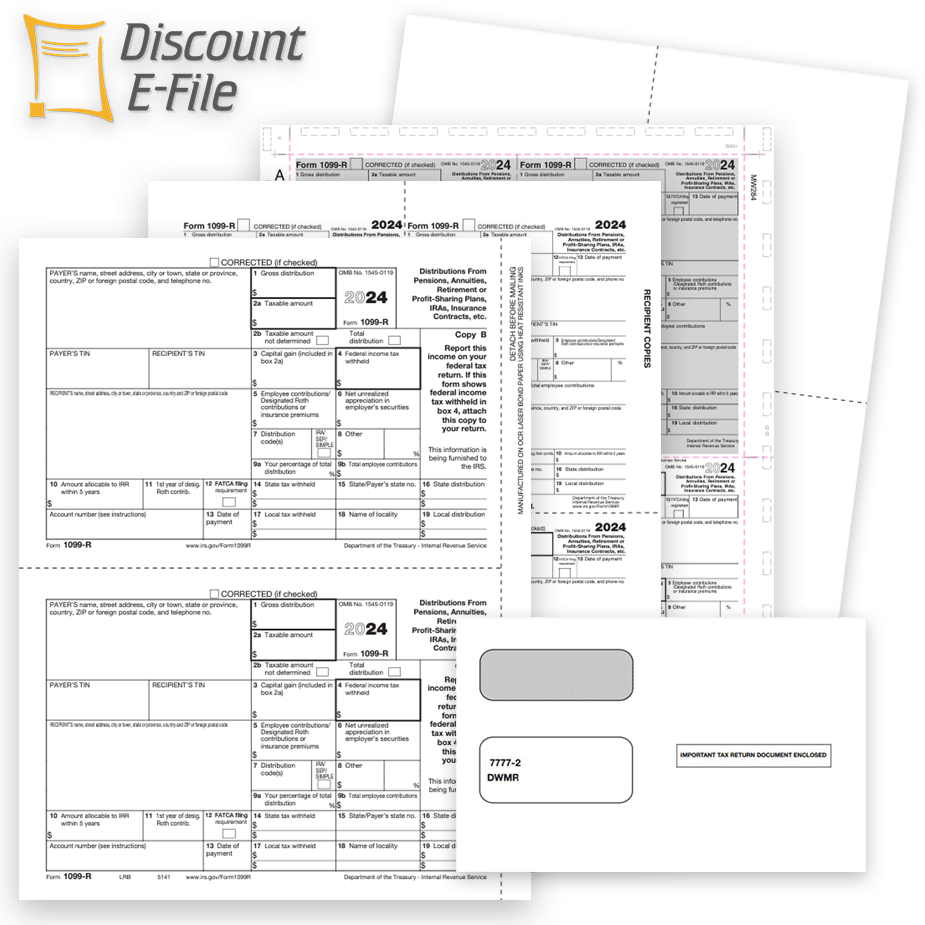 Order 2024 1099R Tax Forms, Envelopes, and E-File Services at Big Discounts. Official IRS 1099-R Forms, Blank Perf Paper, Pressure Seal Forms and More - DiscountTaxForms.com