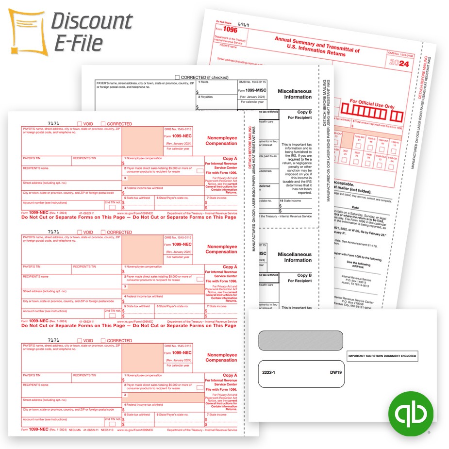 Intuit QuickBooks Compatible 1099 Tax Forms and Envelopes for 2024, Discount Prices No Coupon Code Needed. Easy Efiling Options and More - DiscountTaxForms.com