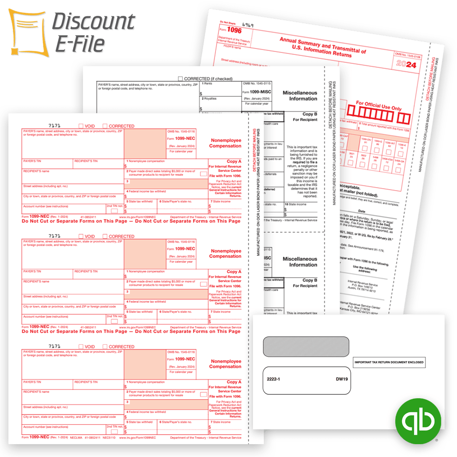 Intuit QuickBooks Compatible 1099 Forms for 2024, Envelopes and Easy Efiling Options at Big Discounts, No Coupon Needed - DiscountTaxForms.com