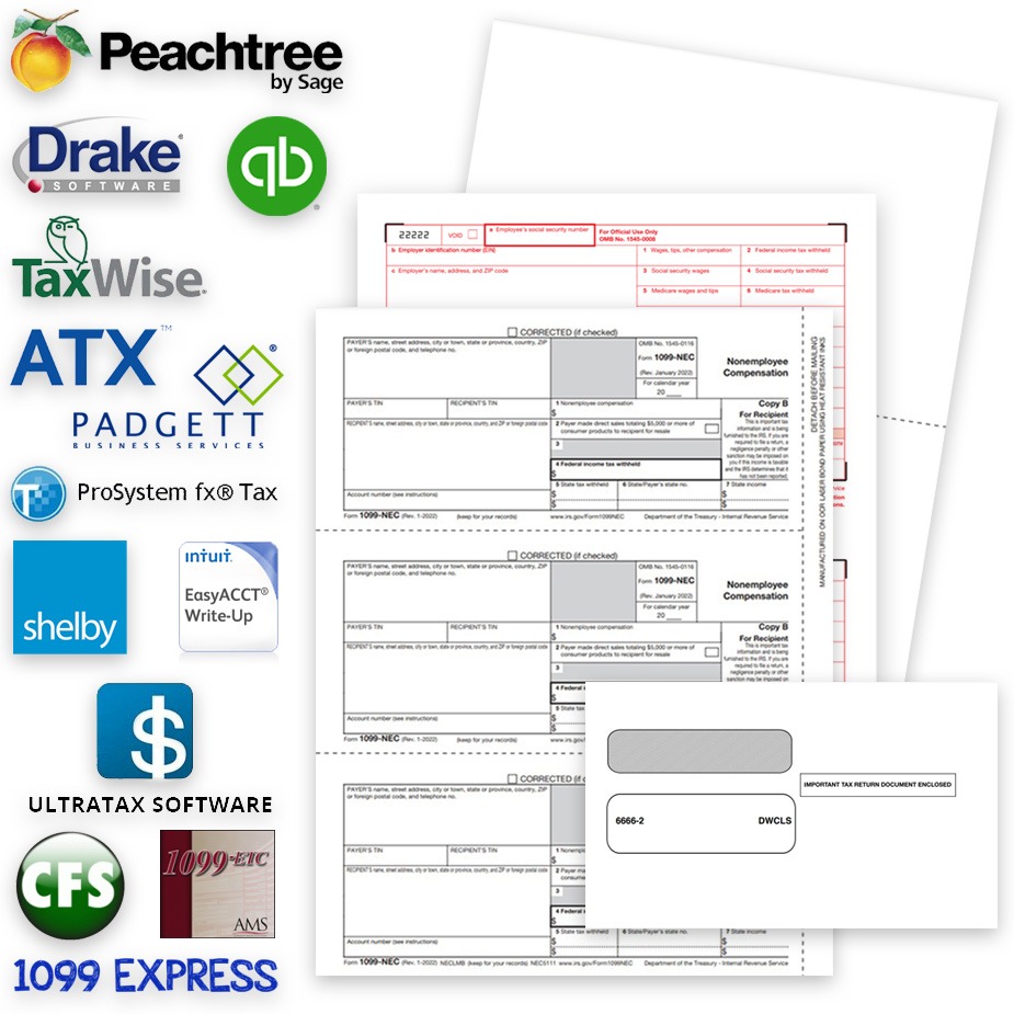 Software compatible 1099 and W2 forms and envelopes for QuickBooks, Peachtree, Accounting and Tax Software at Big Discounts, No Coupon Code Needed - DiscountTaxForms.com