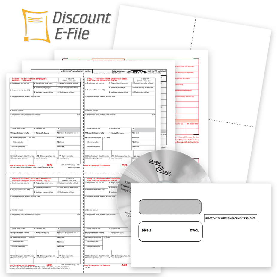 2024 W2 Filing, Forms, Envelopes, Software and Online E-Filing at Big Discounts, No Coupon Code Needed - DiscountTaxForms.com