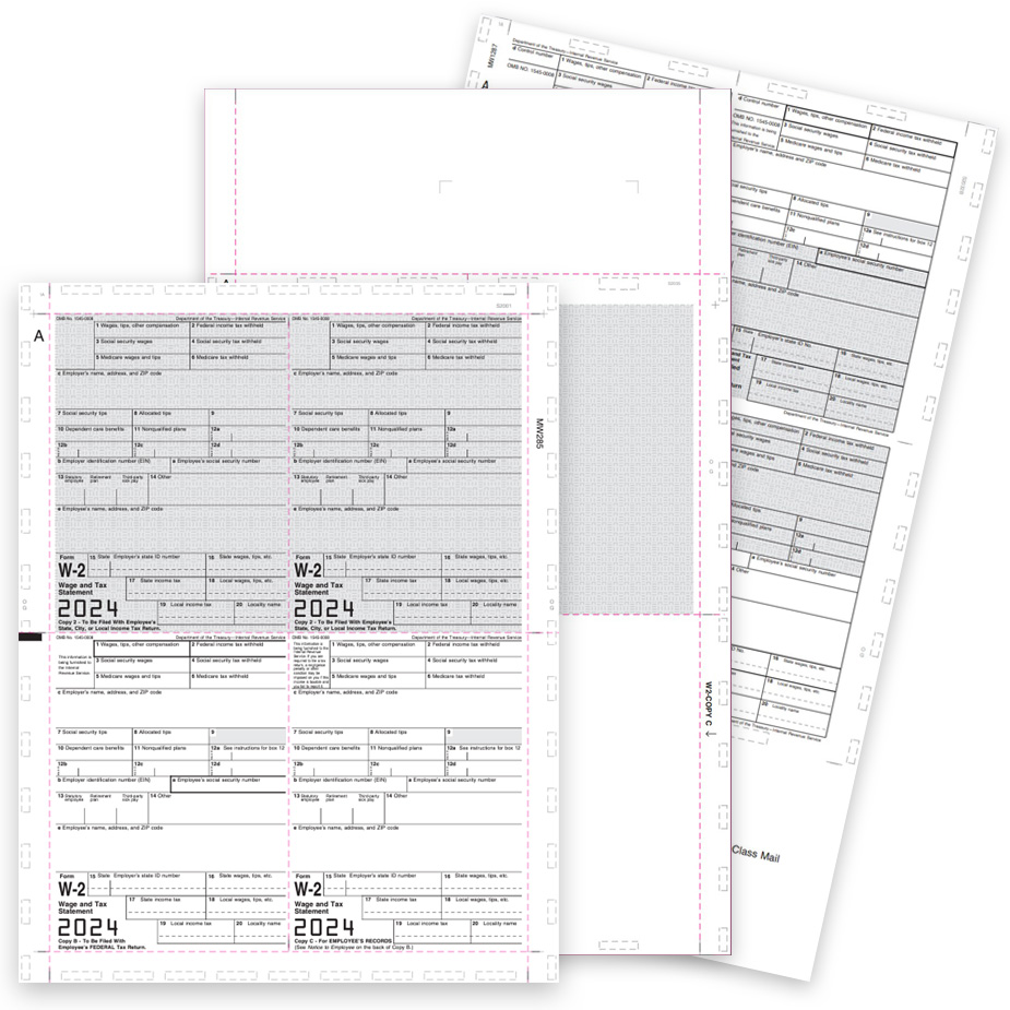 Pressure Seal W2 Forms, 11-in and 14-in blank and preprinted 4up W2 forms for pressure sealing - DiscountTaxForms.com