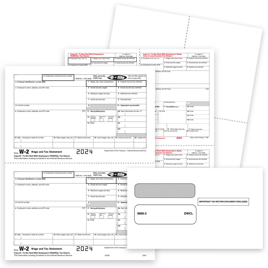 W2 Form and Envelope Sets for 2024 with Preprinted or Blank Forms and Compatible Envelopes at Big Discounts, No Coupon Code Needed - DiscountTaxForms.com