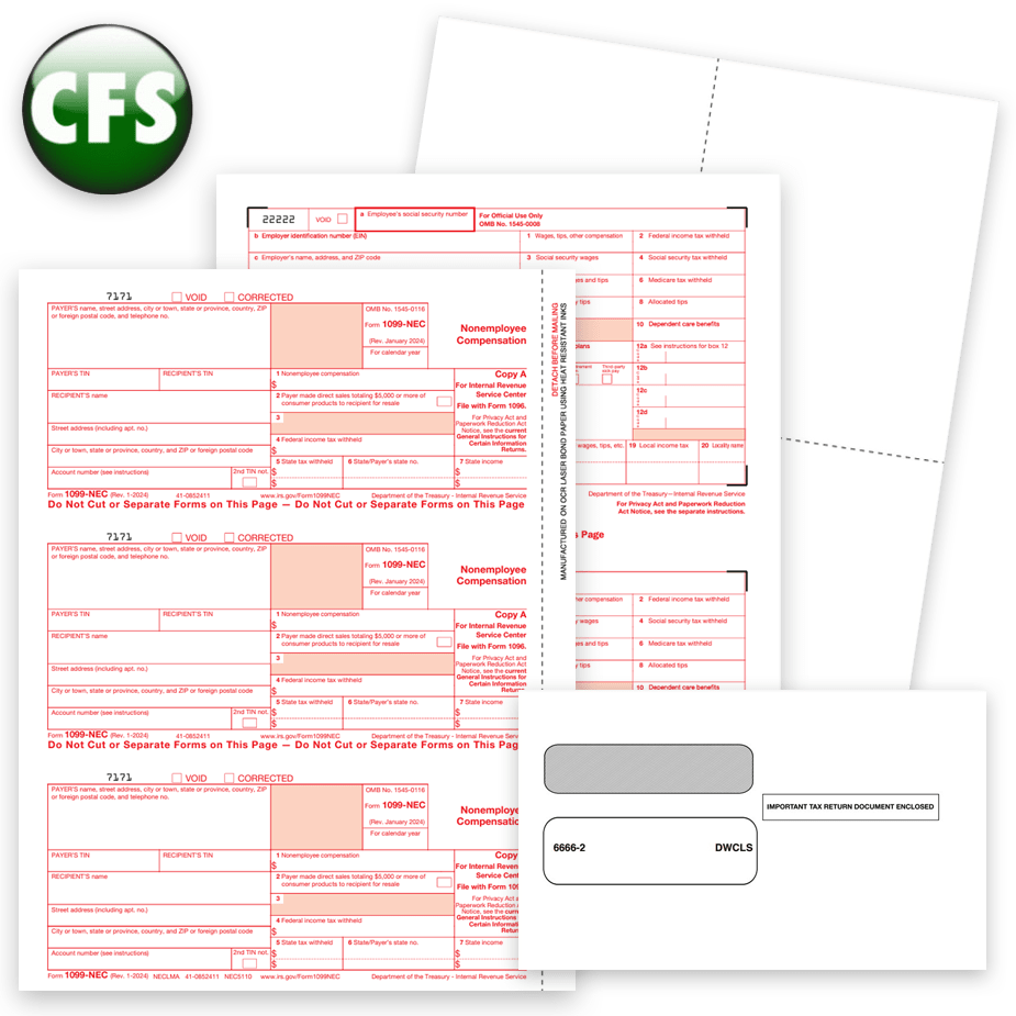 CFS Software Compatible 1099 & W2 Tax Forms, Official Forms, Blank Perf Paper and Envelopes Guaranteed Compatible at Big Discounts, No Coupon Needed - DiscountTaxForms.com