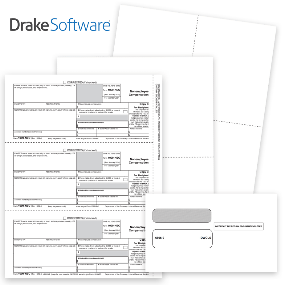 1099 & W2 Tax Forms for Drake Software, Guaranteed Compatible Official Forms, Blank Perf Paper and Envelopes - DiscountTaxForms.com