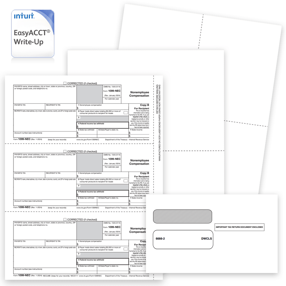 1099 & W2 Forms for EasyAcct Software by Intuit, Guaranteed Compatible Official Forms, Blank Perf Paper and Envelopes - DiscountTaxForms.com