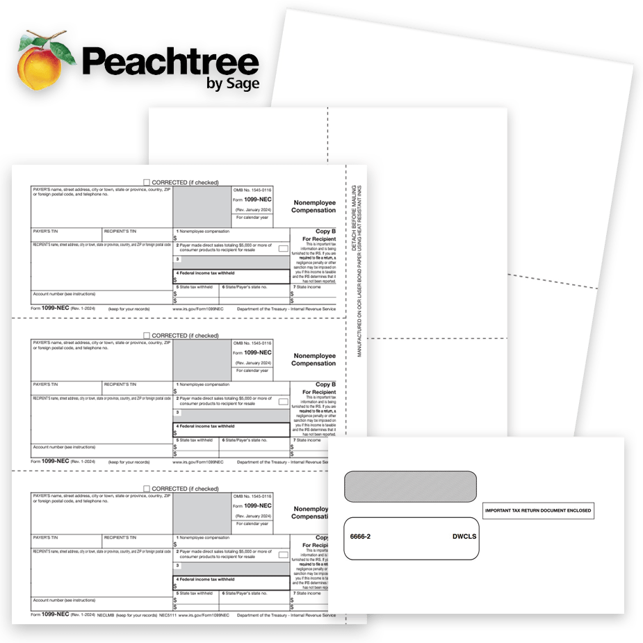 1099 & W2 Tax Forms for Peachtree Software, Guaranteed Compatible Official Forms, Blank Perf Paper and Envelopes at Big Discounts, No Coupon Needed - DiscountTaxForms.com