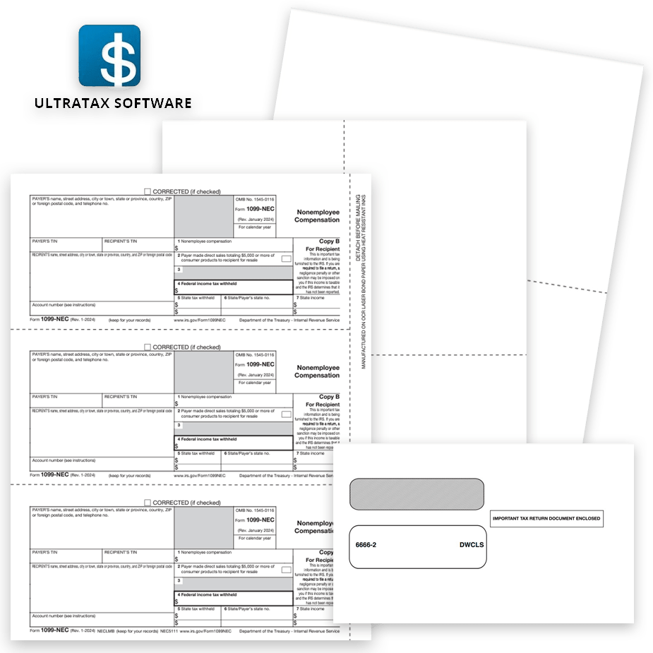 1099 & W2 Tax Forms for UltraTax CS Software, Guaranteed Compatible Official Forms, Blank Perf Paper and Envelopes at Big Discounts, No Coupon Needed - DiscountTaxForms.com