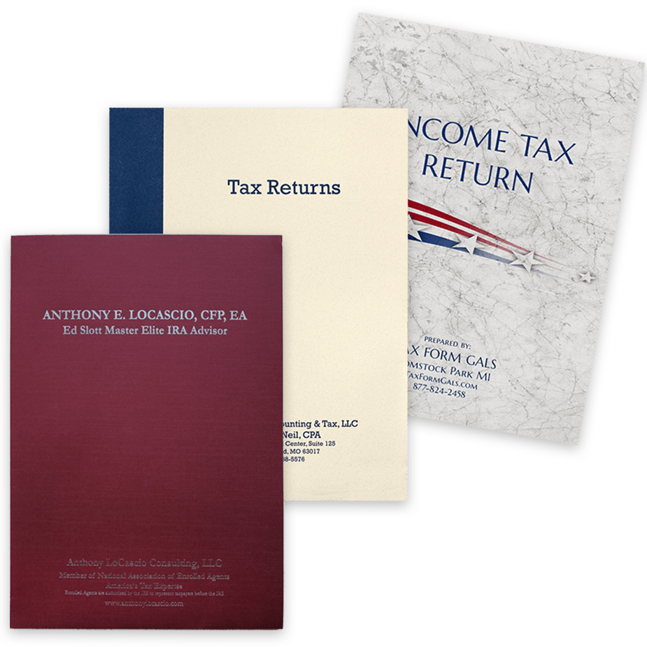 Custom Tax Return Folders with Personalized Ink Imprinting, Foil Stamping or Full-Color Printing for Tax Preparers, Two Pockets and Many Options - DiscountTaxForms.com