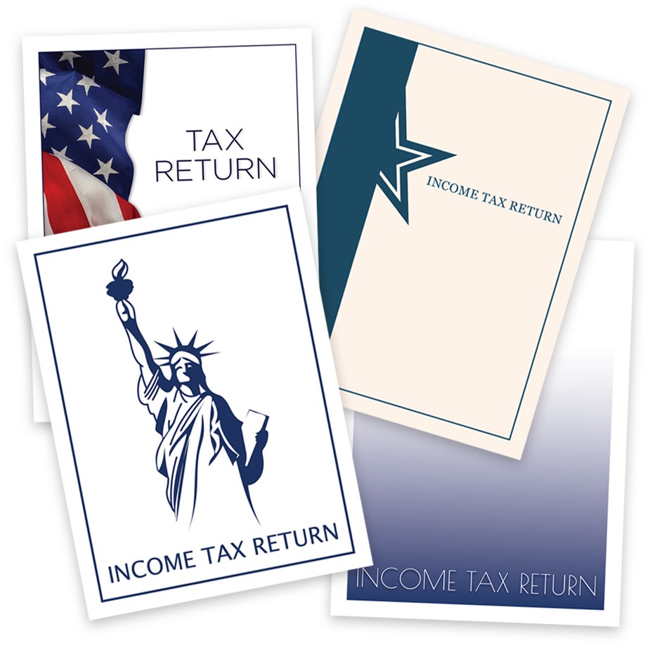 A New Line of Budget Tax Return Folders for Tax Preparers, Featuring Patriotic Designs and Customization Options, Low Prices and Big Discounts, No Coupon Needed with The Tax Form Gals - DiscountTaxForms.com