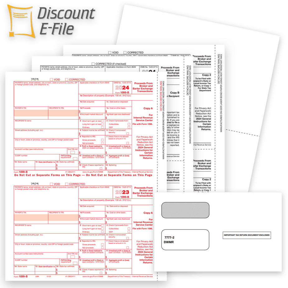 1099B Tax Forms Envelopes Efile 2024 Order 1099B Tax Forms for Reporting Broker Transactions and More. 1099-B Forms, Envelopes and Online E-Filing at Big Discounts, No Coupon Code Needed - DiscountTaxForms.com