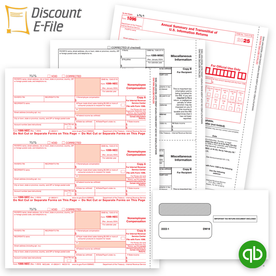 Order Quickbooks Compatible 1099 Tax Forms, including 1099NEC and 1099MISC forms and envelopes at Big Discounts, No Coupon Needed - DiscountTaxForms.com