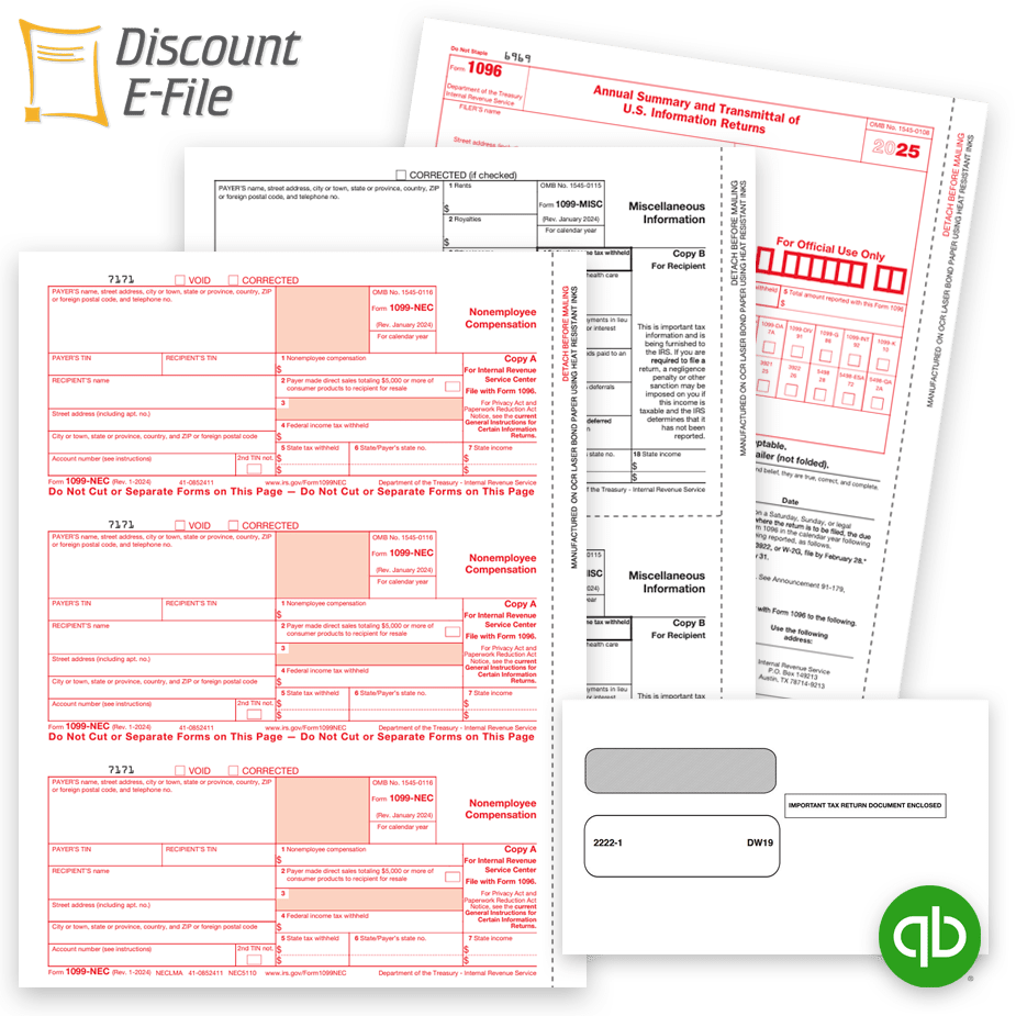 Order Quickbooks Compatible 1099 Tax Forms, including 1099NEC and 1099MISC forms, envelopes and efile services at Big Discounts, No Coupon Needed - DiscountTaxForms.com