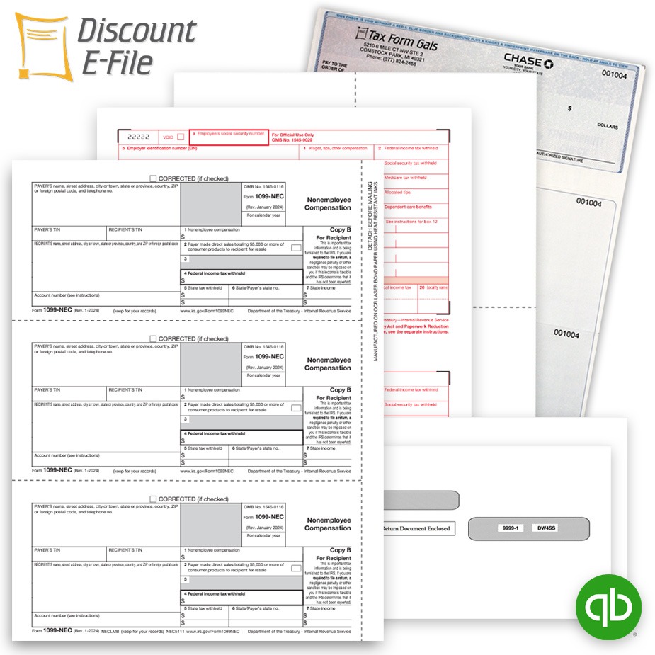 Order Intuit QuickBooks Compatible 1099 & W2 Tax Forms, Envelopes and Business Checks at Big Discounts, No Coupon Code Required - DiscountTaxForms.com
