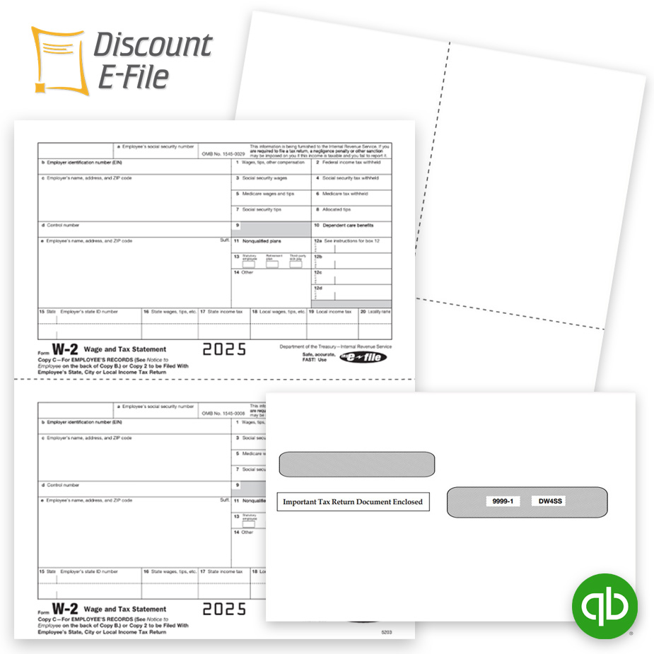 Order Intuit QuickBooks Compatible W2 Forms, Blank Perforated Paper and Envelopes and Efile Services at Big Discounts, No Coupon Needed - DiscountTaxForms.com