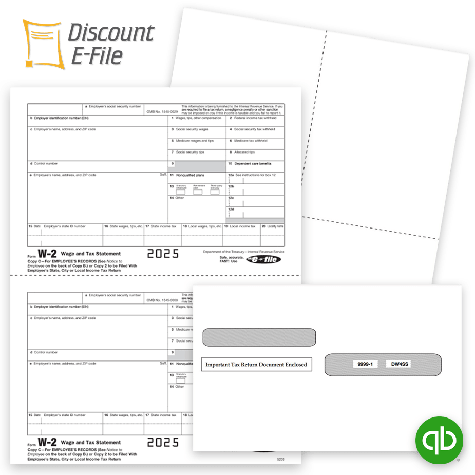 QuickBooks W2 Forms Envelopes Efile 2025 Order Intuit QuickBooks Compatible W2 Forms, Blank Perforated Paper, Envelopes and Efiling Services at Big Discounts, No Coupon Needed - DiscountTaxForms.com