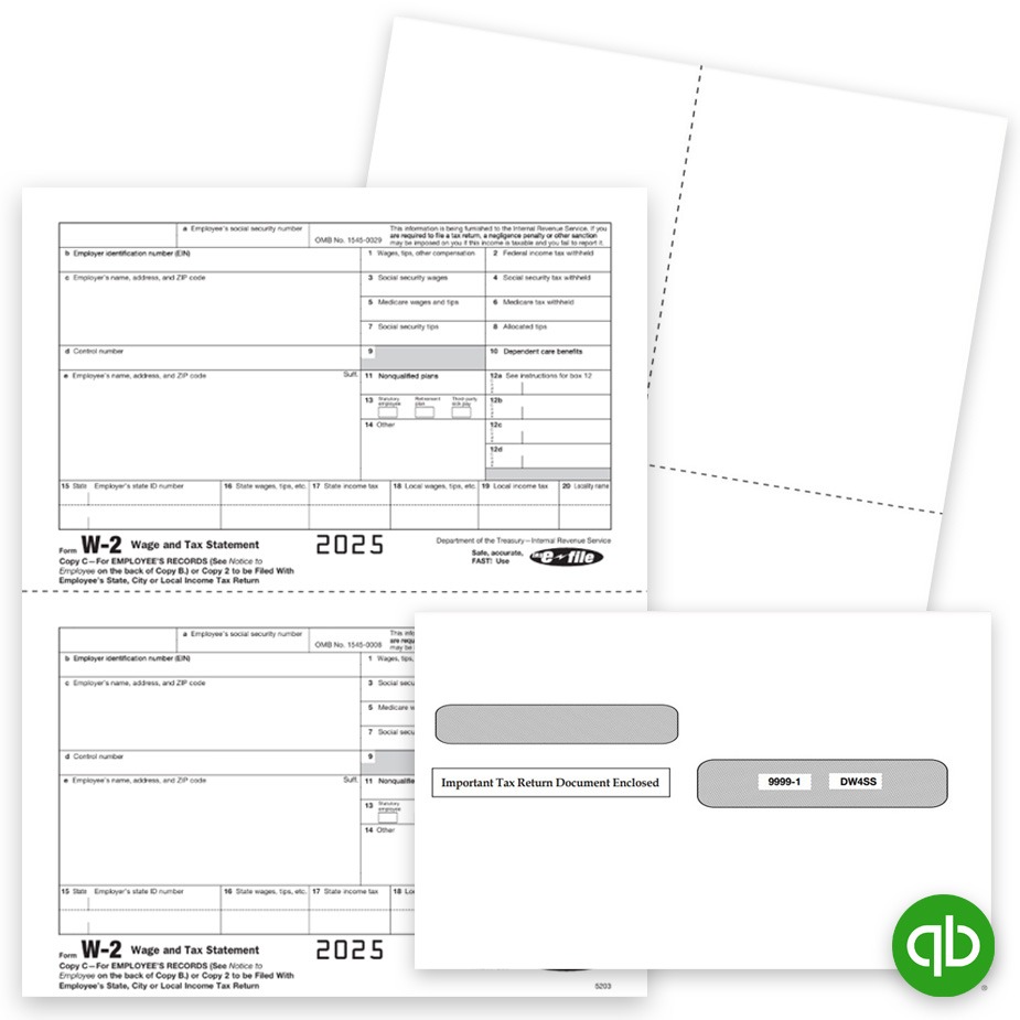 Order Intuit QuickBooks Compatible W2 Forms, Blank Perforated Paper and Envelopes at Big Discounts, No Coupon Needed - DiscountTaxForms.com
