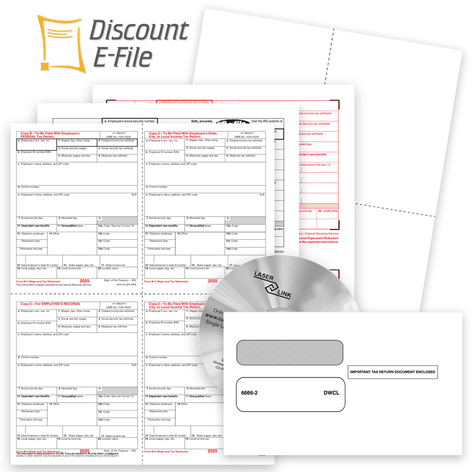 W2 Filing Forms Envelopes Software Efile 2025 W2 Filing for 2025: Forms, Envelopes, Software and Online Efiling - DiscountTaxForms.com