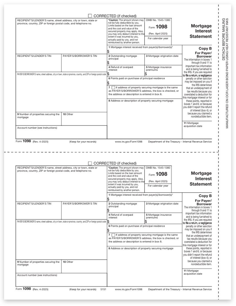 Order 1098 Tax Forms, Payer / Borrower Copy B, Preprinted 1098 Forms. Online Efiling Options - DiscountTaxForms.com