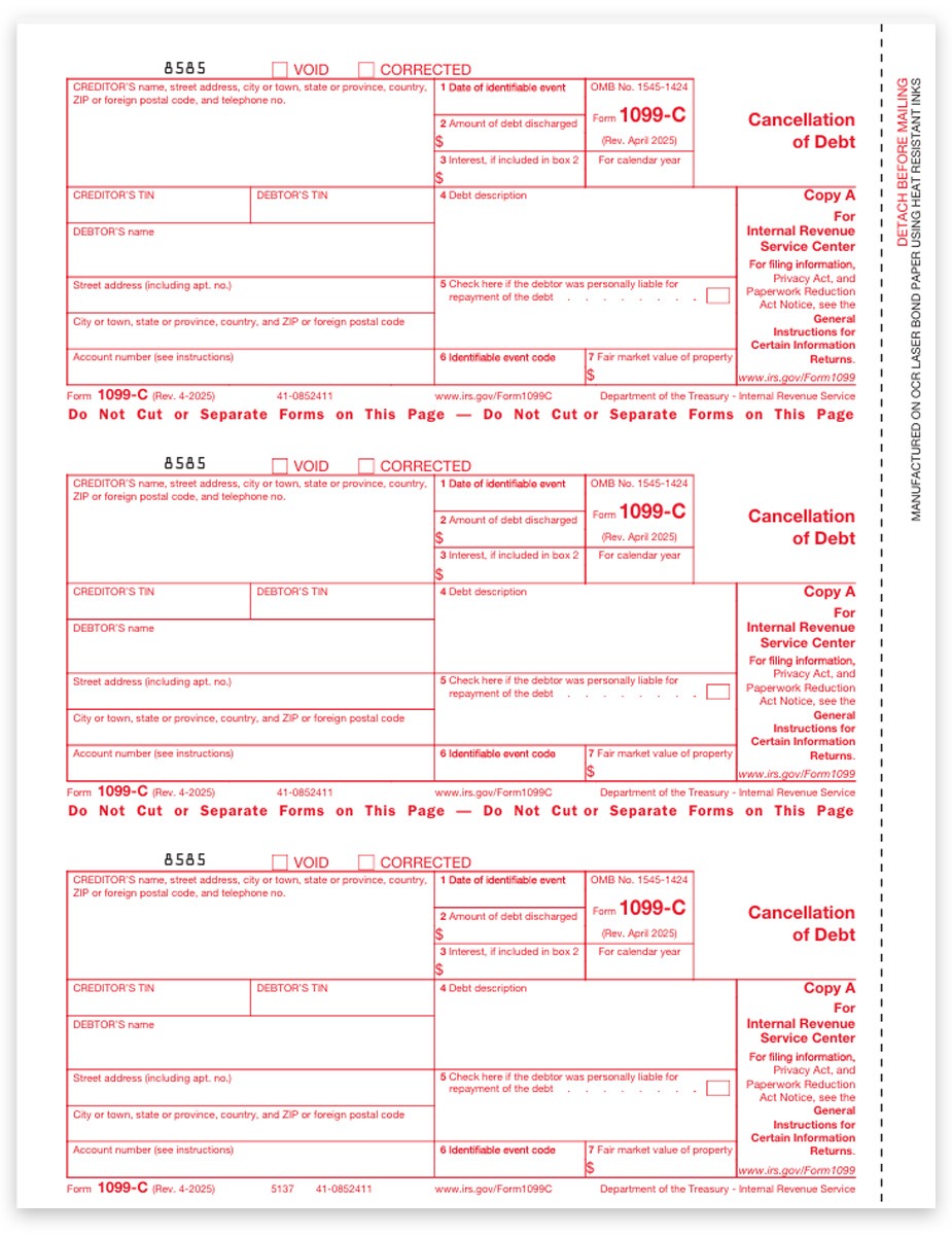 Order 1099C Tax Forms for IRS, Copy A 1099-C Forms for Cancellation of Debt. Plus E-File Options - DiscountTaxForms.com
