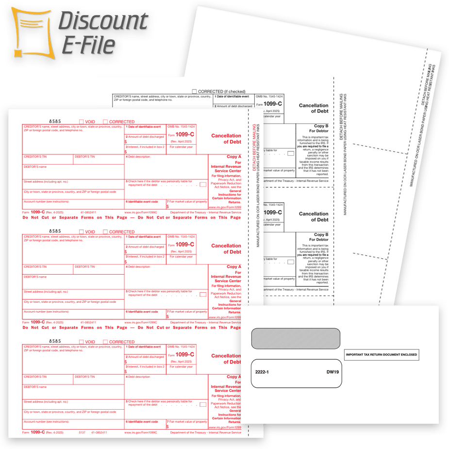 1099C Tax Forms Envelopes Efiling 1099C Tax Forms and Envelopes for Cancellation of Debt. Online Efiling Options - DiscountTaxForms.com