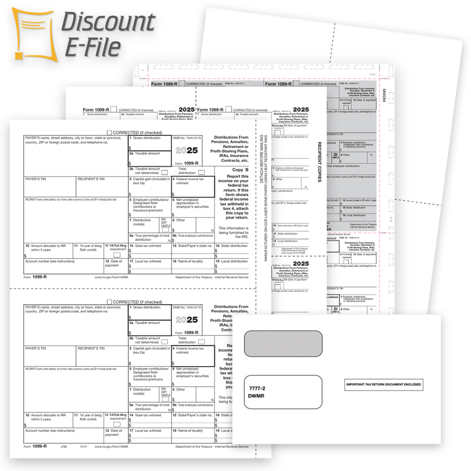 1099R Tax Forms Envelopes Efile 2025 Order 1099R Tax Forms for 2025, Plus Envelopes and E-File Services at Big Discounts. Official IRS 1099-R Forms, Blank Perf Paper, Pressure Seal Forms and More - DiscountTaxForms.com